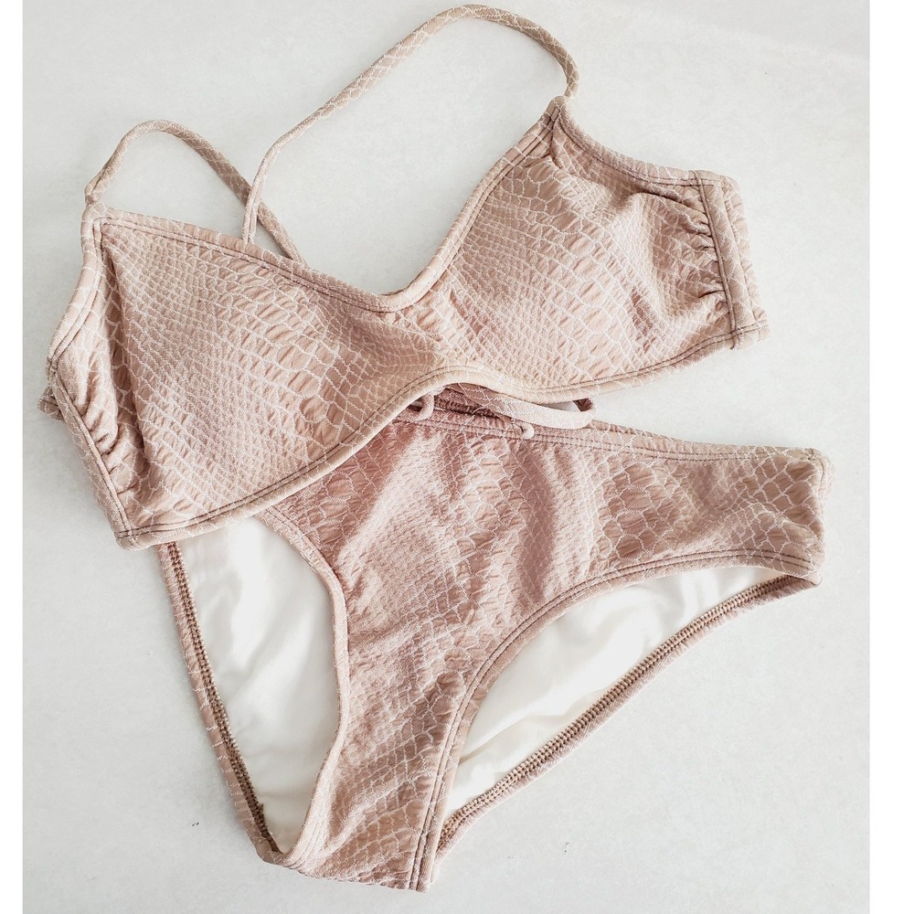 Hula Honey Bikini Swimsuit Set Pink Snakeskin Lace Up Back‎ Beachwear Medium